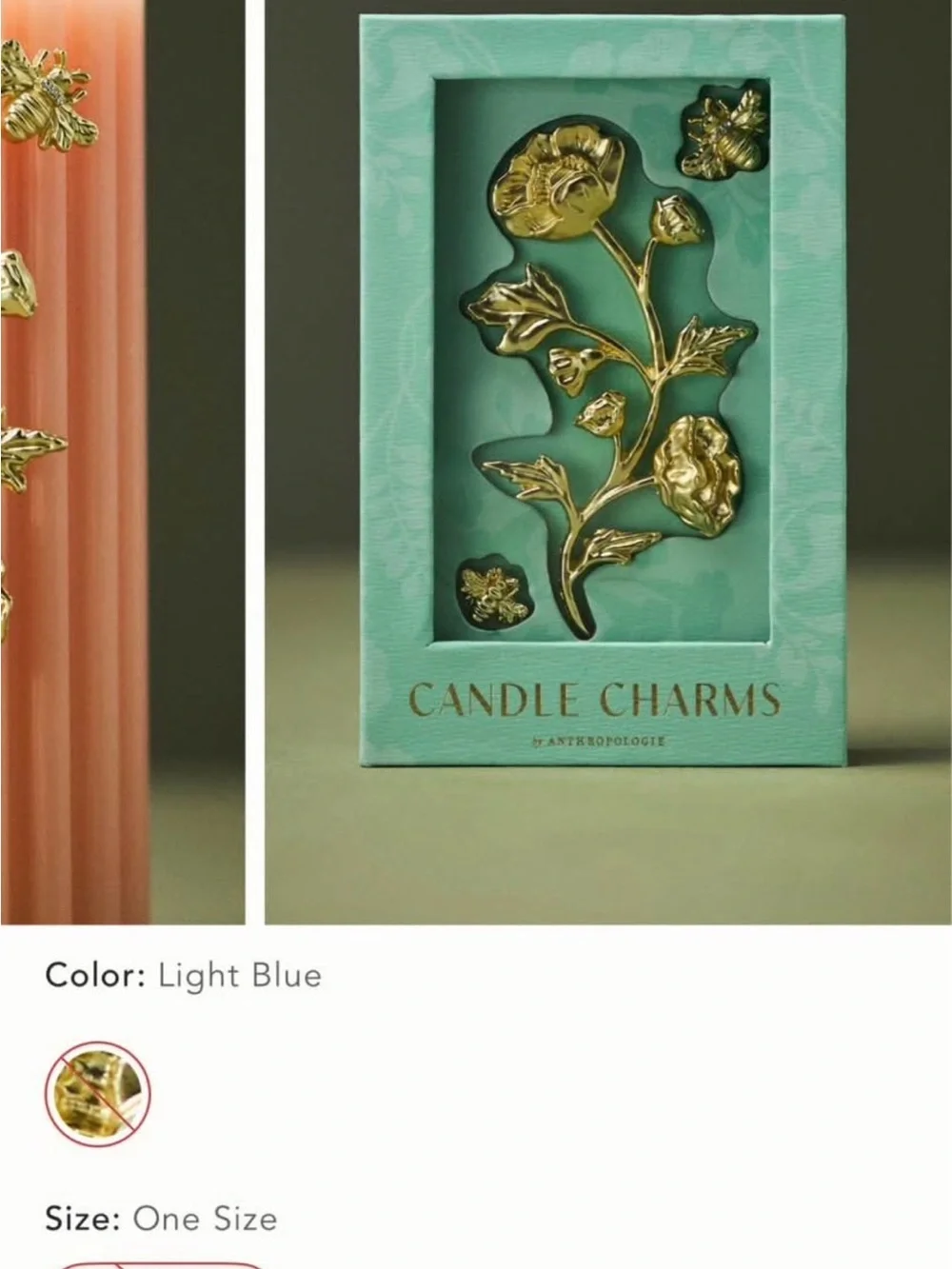 Anthropologie Cream Fluted Pillar Candles with Gold Floral Charms